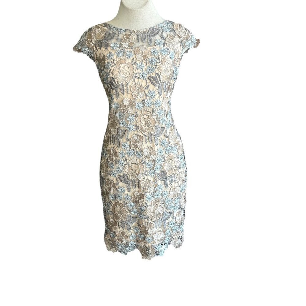 Xscape Rose Gold Embroidered Lace Sheath Dress Size 2